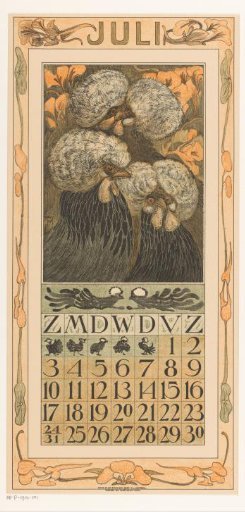 Calendar page July with three crested hens