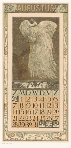 Calendar page August with white peacock