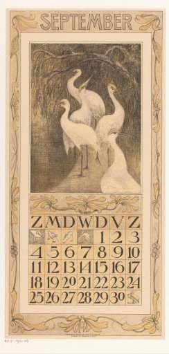 Calendar page September with cranes