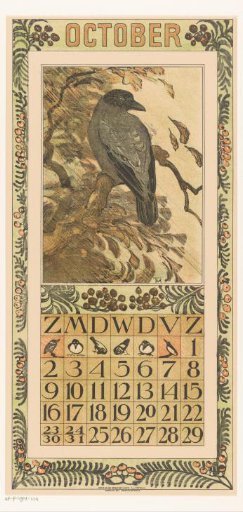 Calendar page October with magpie