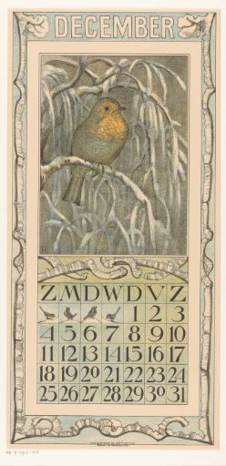 Calendar leaf for December with a robin