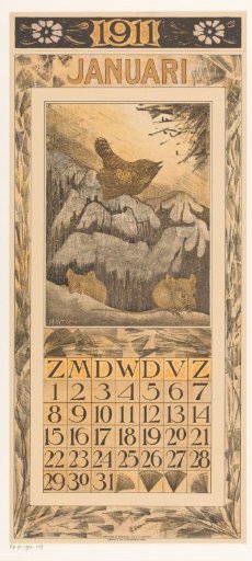 Calendar leaf for January with a wren and mice