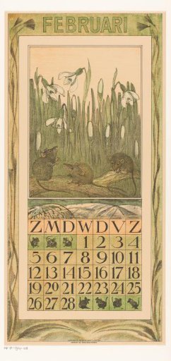 Calendar leaf for February with snowdrops and mice