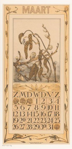 Calendar leaf for March with alder catkins
