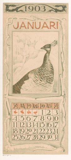 Calendar page for January with a peacock