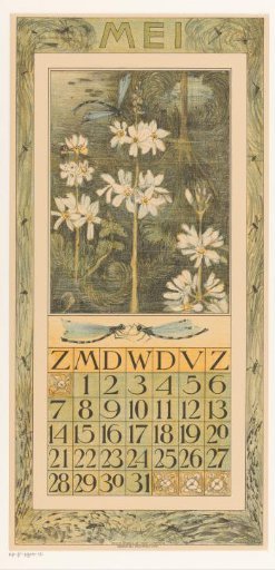 Calendar leaf for May with water plants and a dragonfly
