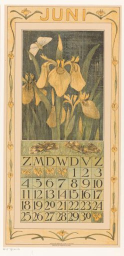Calendar leaf with irises and a moth