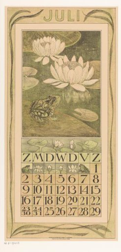 Calendar leaf for July with a frog and water lilies