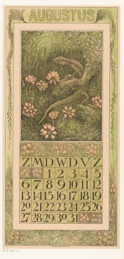 Calendar leaf for August with a lizard and bell heather