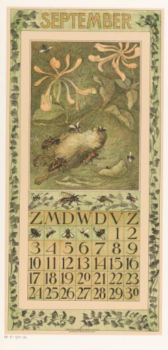 Calendar leaf for September with a dead mouse and beetles