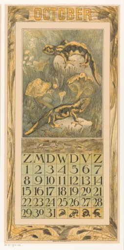 Calendar leaf for October with salamanders
