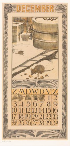 Calendar leaf for December with mice in the snow
