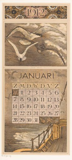 Calendar leaf for January with a ship and seagulls