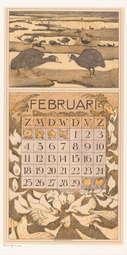 Calendar leaf for February with coots