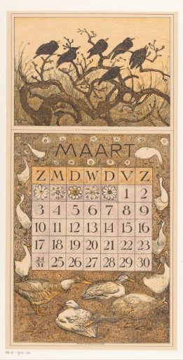 Calendar leaf for March with rooks and ducks
