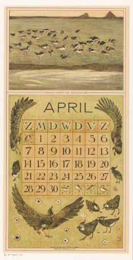 Calendar leaf for April with oystercatchers and lapwings
