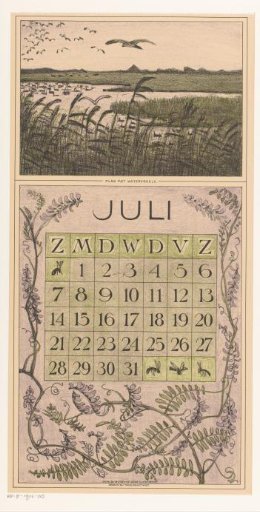 Calendar leaf for July with a landscape with birds