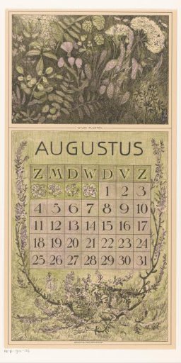 Calendar leaf for August with plants