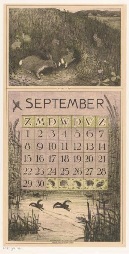 Calendar leaf for September with rabbits