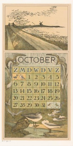 Calendar leaf for October with migratory birds