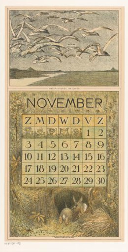Calendar leaf for November with seagulls and rabbits