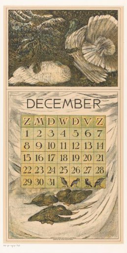 Calendar leaf for December with turkeys and ducks