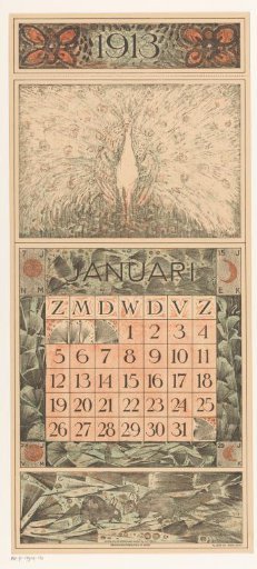 Calendar page January with a strutting peacock