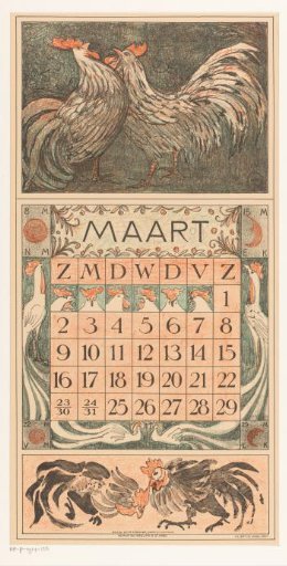 Calendar page March with two roosters