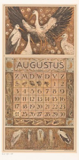 Calendar page August with storks