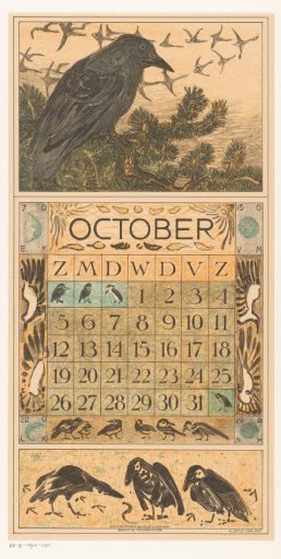 Calendar page October with a crow