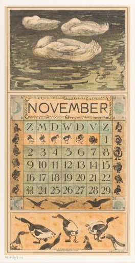 Calendar page November with three sleeping ducks