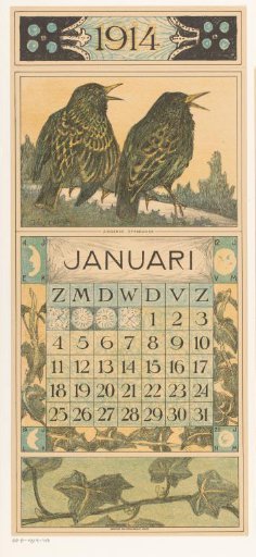 Calendar page January with jackdaws