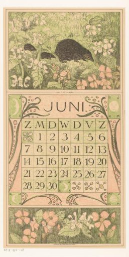 Calendar page June with hedgehogs