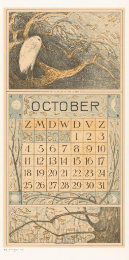 Calendar page October with heron in the rain
