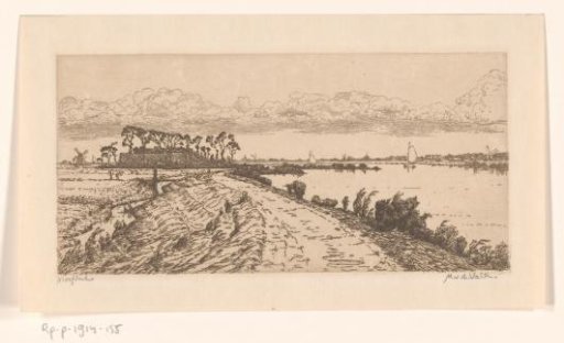 Landscape with country road, lake and meadow