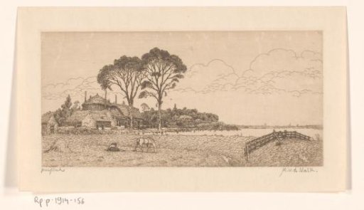 Landscape with meadows, water and farmhouse