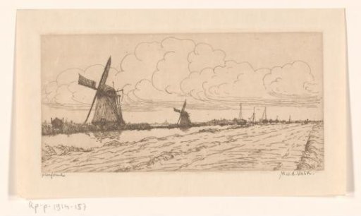 Landscape with meadow, canal and mills