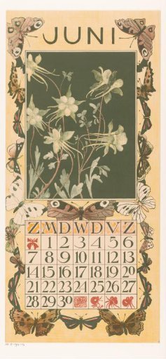 Calendar page for June with columbines and butterflies