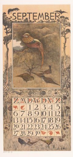 Calendar page for September with pheasants