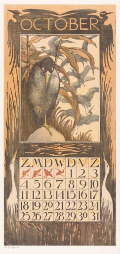 Calendar page for October with a bird on a stump