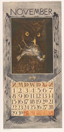 Calendar page for November with an owl and a sparrow