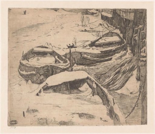 Three snow-covered rowing boats by a quay
