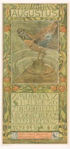 Calendar page for August with a Dutch jay