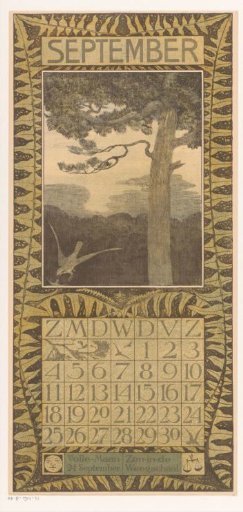 Calendar page for September with a tree and a falcon