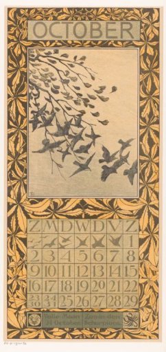 Calendar page for October with leaves and birds