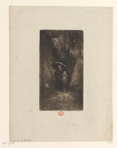 Two women in a dark alley with a lantern in the rain