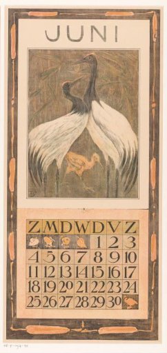 Calendar leaf with two birds and a chick