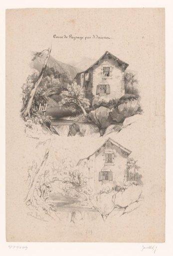 Mountain landscape with house and bridge in two drawing stages
