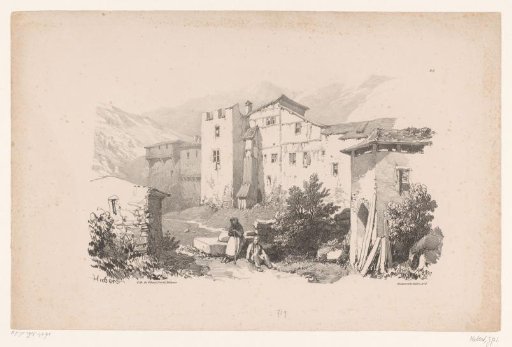 Mountain village with two figures