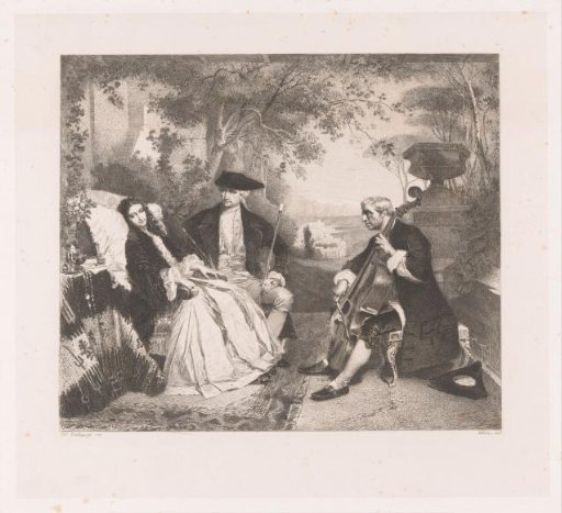 Cellist playing for a woman in an armchair